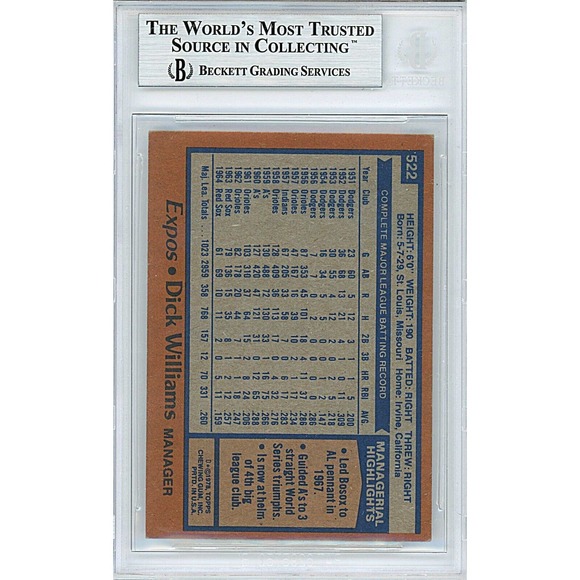 Dick Williams Signed Montreal Expos 1978 Topps Baseball Card Beckett Slab COA - Picture 4 of 6